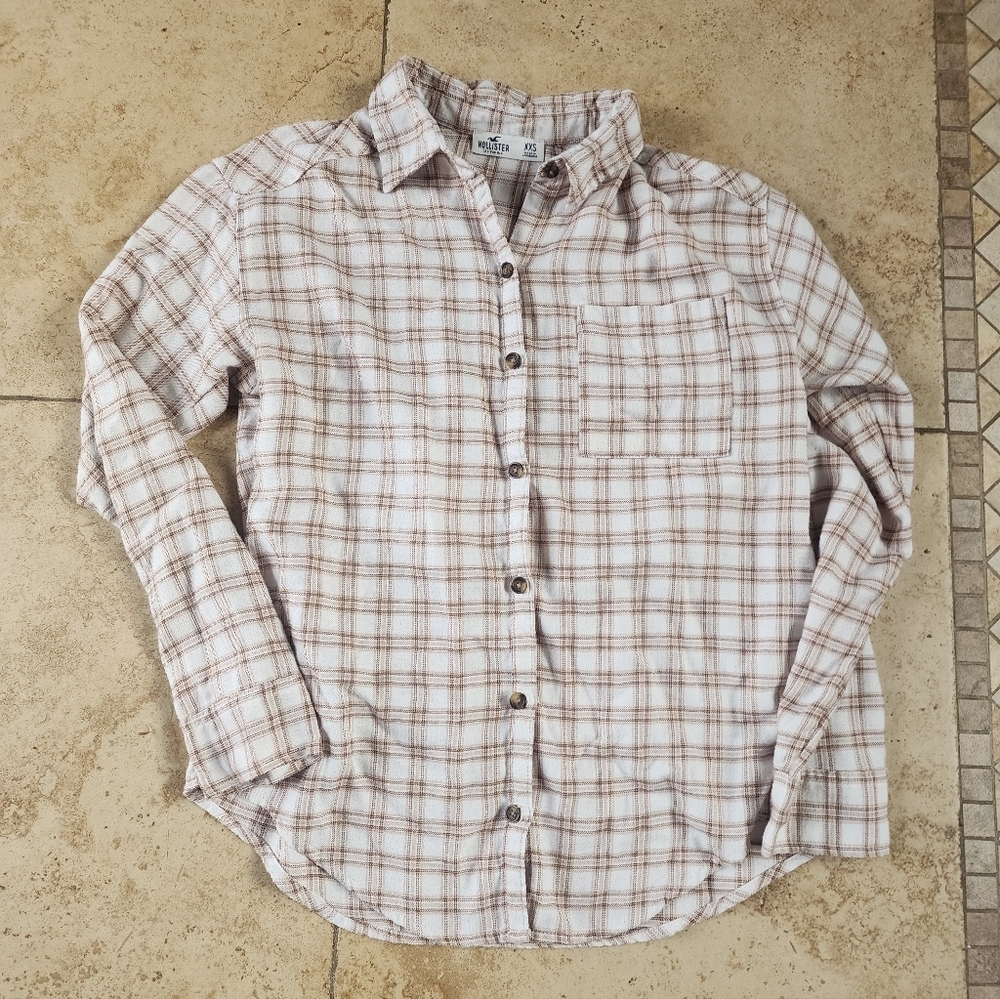Hollister Women's Casual Plaid Shirt - Cream and Brown